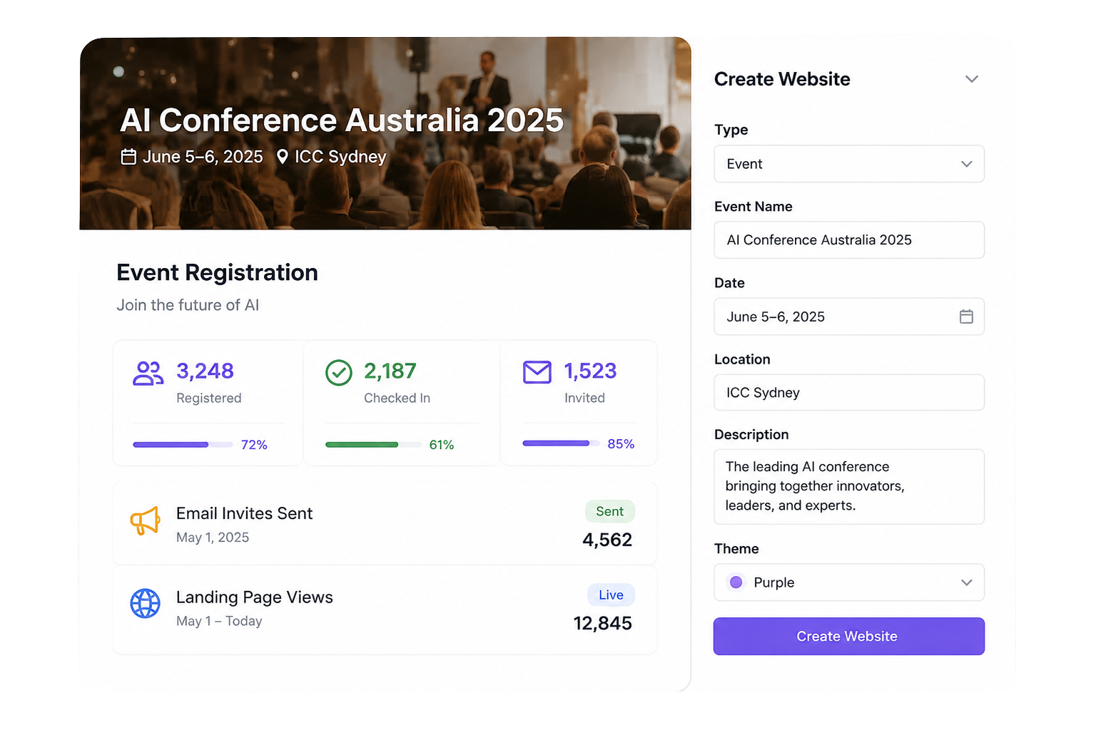 Event registration and landing page setup interface